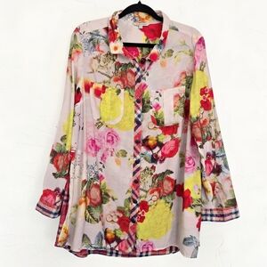 John Mark Floral Plaid Back Button Up Colorful Top, M